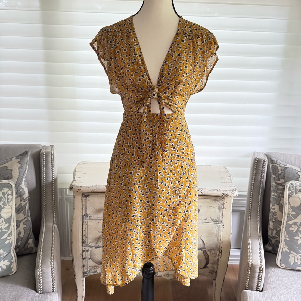 Wildfire Mustard Floral Wrap Dress | Asymmetrical Cutout Flowy Size M